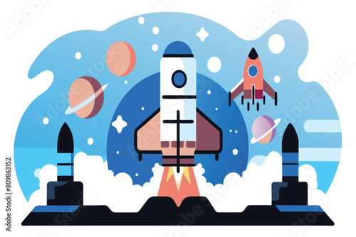 Two rockets launching side by side into a stylized cosmic scene