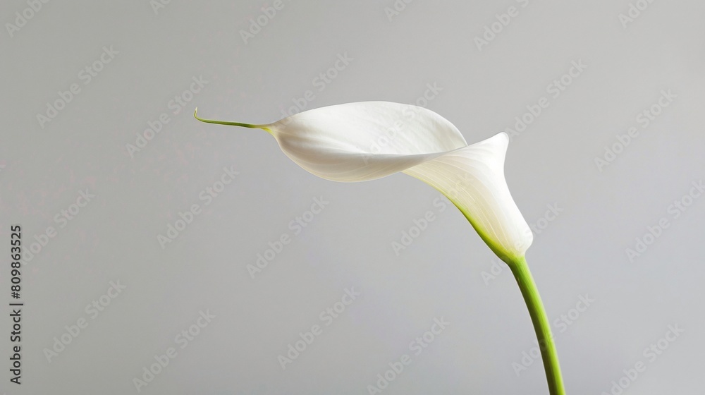 A single white calla lily against a textured gray background A single white calla lily against a textured gray background