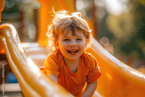 A little boy is sliding down on an yellow slide in summer
