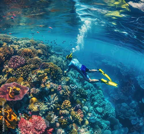  a young man in a blue wetsuit and yellow flippers is diving on the colorful coral reef with fish