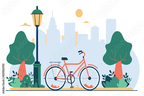 A tranquil urban park with a red bike, streetlight, trees, and city skyline at dusk