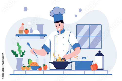 Chef in uniform cooking in a clean kitchen with fresh ingredients