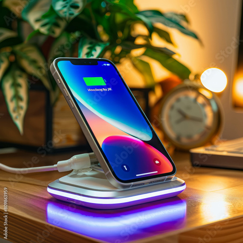 Phone connected to wireless charger, exemplifying contemporary charging solutions. AI generative enhancement enriches the tech scene. photo