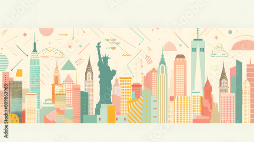 Delicate and soft pastel-colored illustrations of the New York City skyline featuring landmarks