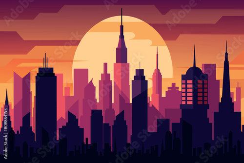 Stylized sunset silhouette of a city skyline against an orange sky