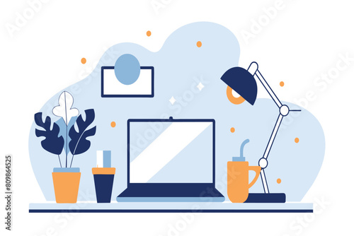 A neatly organized desk with a laptop, lamp, and plants in a well-lit room
