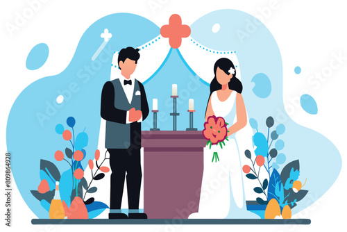 Bride and groom stand at the altar with flowers and candles during their wedding