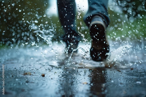 Rainy Day Walk A person walks through a puddle, causing a splash that sends water droplets flying into the air photo