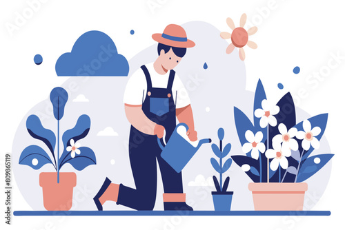 A gardener in overalls tends to potted flowers with a watering can