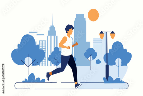 A man runs along a path with urban skyline and trees under a bright sun