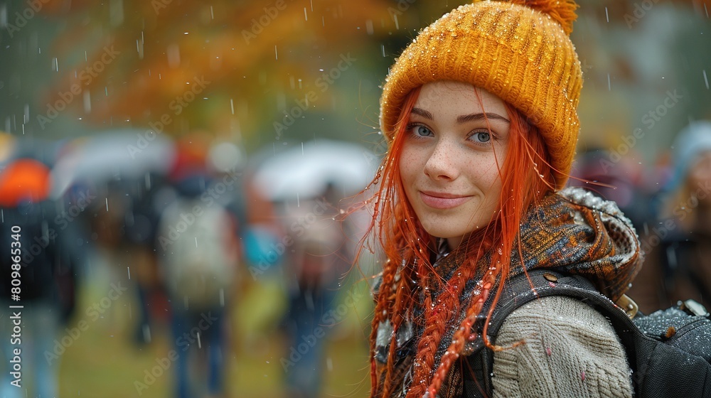A woman with red hair and a yellow hat is smiling in the rain A woman with red hair and a yellow hat is smiling in the rain