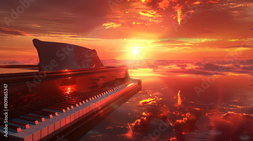 Stunning sunset piano serenade reflecting on tranquil waters photo