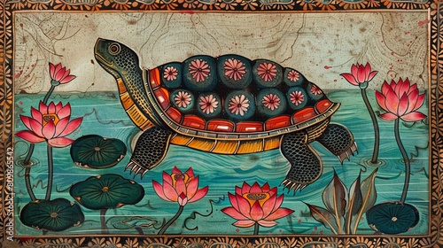 Traditional Madhubani Bharni style painting of a turtle, adorned with lotuses, wise and calm, serene lake setting photo