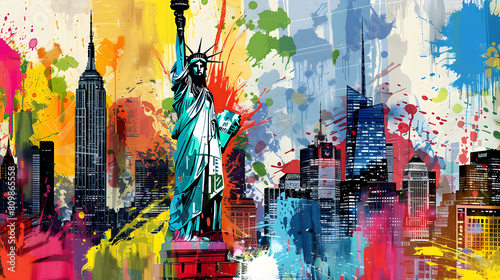 An artistic rendition of the New York City skyline featuring the Statue of Liberty and vibrant paint splatters photo