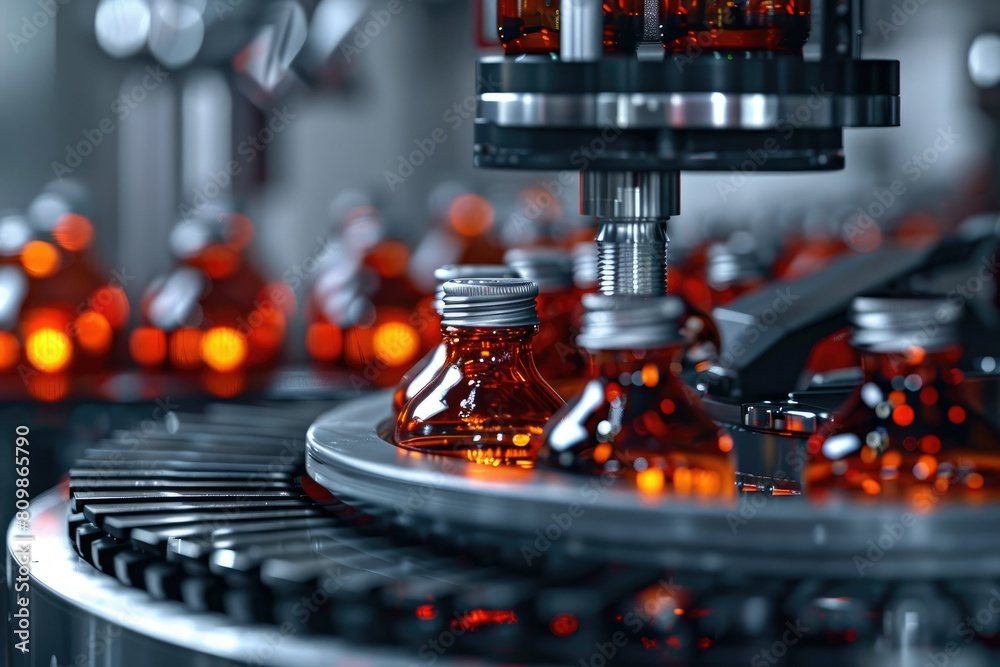 Capping Chaos A machine swiftly sealing each bottle with a secure cap Capping Chaos A machine swiftly sealing each bottle with a secure cap