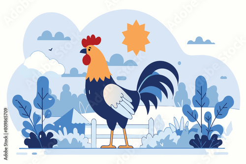 A stylized rooster crows at sunrise among quaint foliage