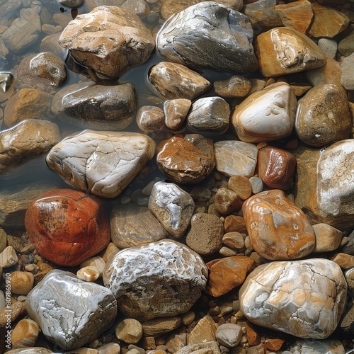 A collection of wet rocks in a riverbed with smooth and shiny surfaces