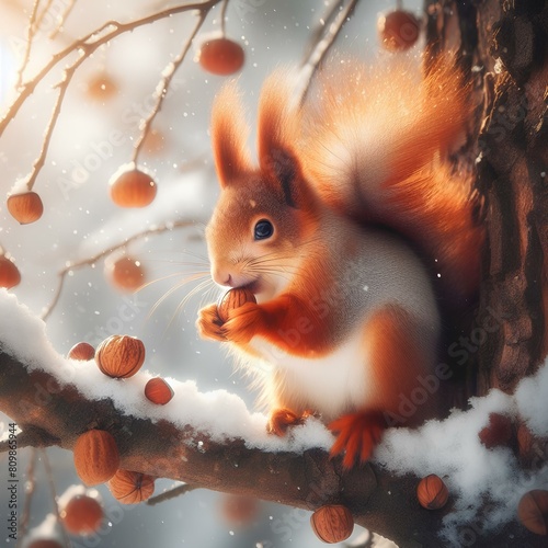  The squirrel with nut sits on tree in the winter or late autumn