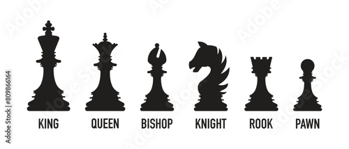 Black silhouettes of chess icons, board game, set of chess pieces. Isolated on white background.