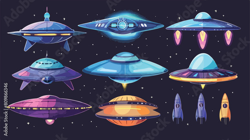 Spaceship and UFO vector set. Unidentified spaceships