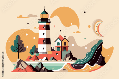 A tranquil lighthouse overlooks a calm sea beside a cottage at sunset