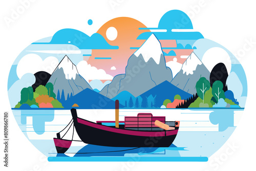 A tranquil boat rests on a glassy lake against a mountainous backdrop at dusk