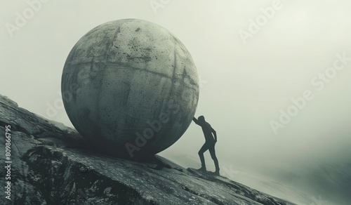 Silhouette pushing a massive sphere uphill in a misty setting