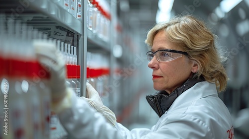 Female Scientist Examining Samples in Laboratory Fridge