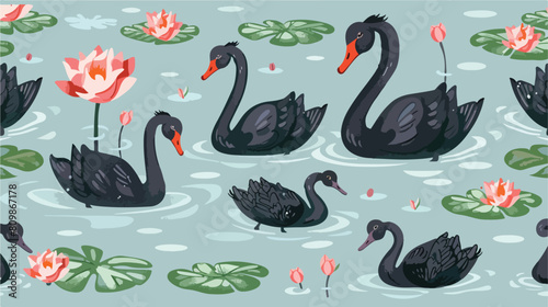 Seamless pattern with black swans and brood of cygnet photo