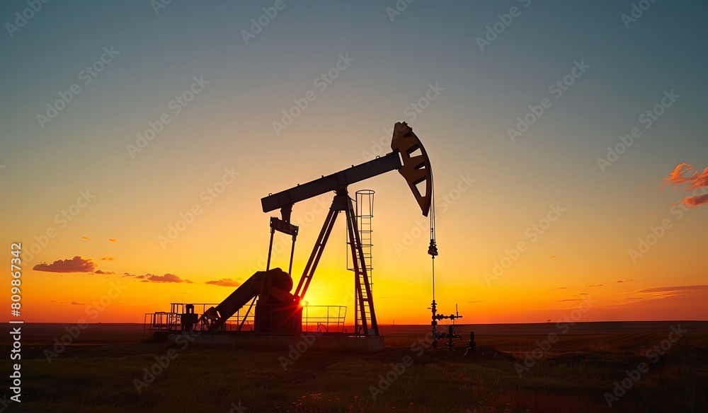 Silhouette of an oil pump at sunset in industrial landscape