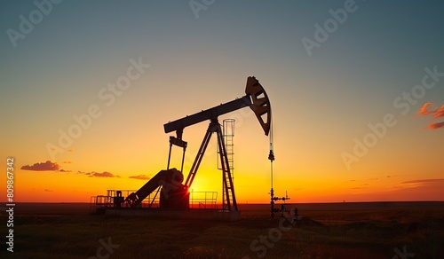 Silhouette of an oil pump at sunset in industrial landscape