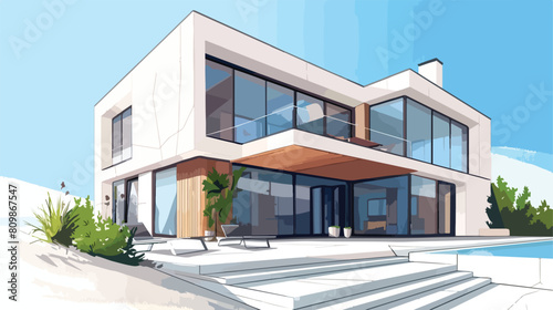 Modern house exterior design from glass concrete and