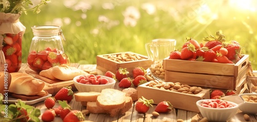 Sunny Picnic Delights  Fresh Fruits  Cheese  and Snacks on Green Grass