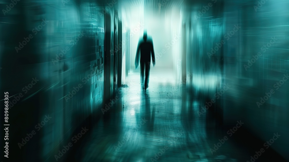abstract background blur silhouette shadow of a man walking with bokeh light street at night time with speed motion perspective, blurred thrilled, Generative Ai abstract background blur silhouette shadow of a man walking with bokeh light street at night time with speed motion perspective, blurred thrilled, Generative Ai