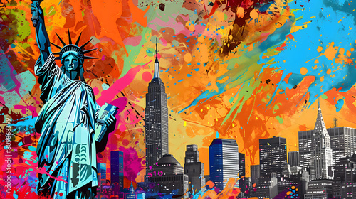Colorful abstract art of New York City's landmarks and Statue of Liberty, capturing the urban energy and creativity