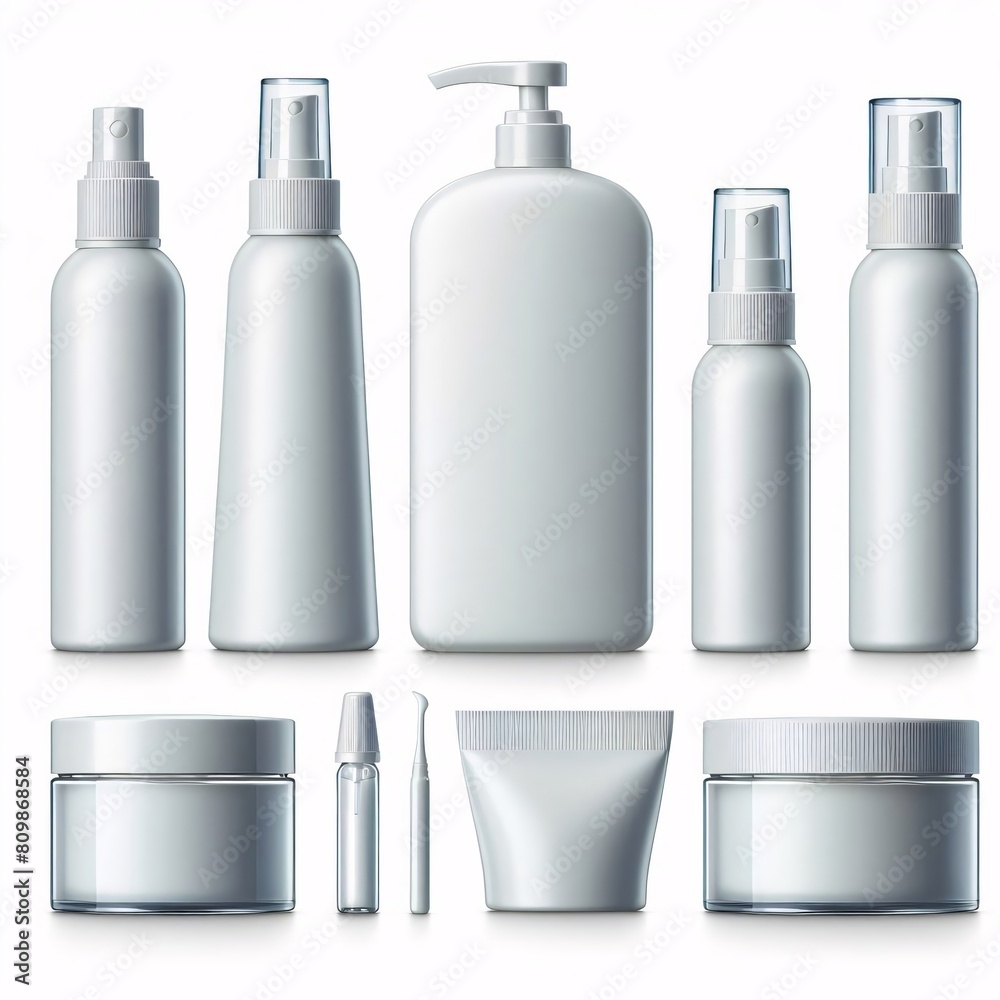 Blank cosmetic packaging mockup: tube, spray, bottle with press pump. Blank cosmetic packaging mockup: tube, spray, bottle with press pump.