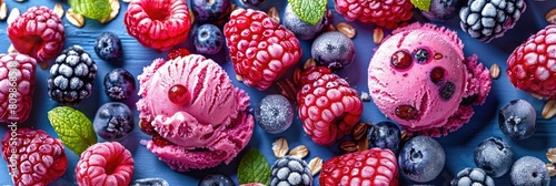 Banner with an image of popsicles and frozen fruits with the addition of nuts, seeds and fresh berries on a dark background. Healthy eating concept, dietary and vegan products. photo