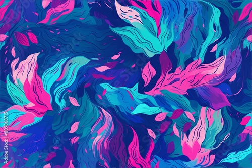 Abstract leaf swirling colors in blue and pink fluid seamless pattern
