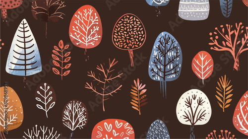 Seamless pattern with various hand drawn trees on bro