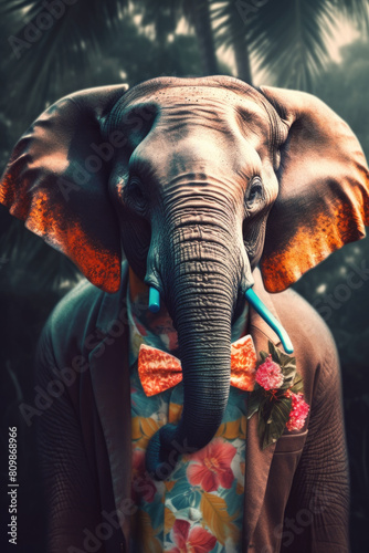 A large elephant dressed in a vibrant  multicolored shirt and matching bow tie