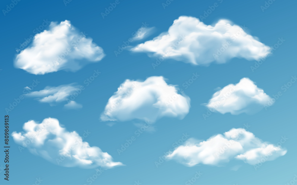 Realistic clouds. White 3d transparent cloud in various shapes. Vapor rainclouds, night mist clouding isolated vector set. Outdoor floating cumulus cloudscape, summer or spring blue sky