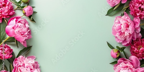 Fototapeta Naklejka Na Ścianę i Meble -  Lush pink peonies border a light green background, leaving copy space in the center for a warm Mothers Day greeting
