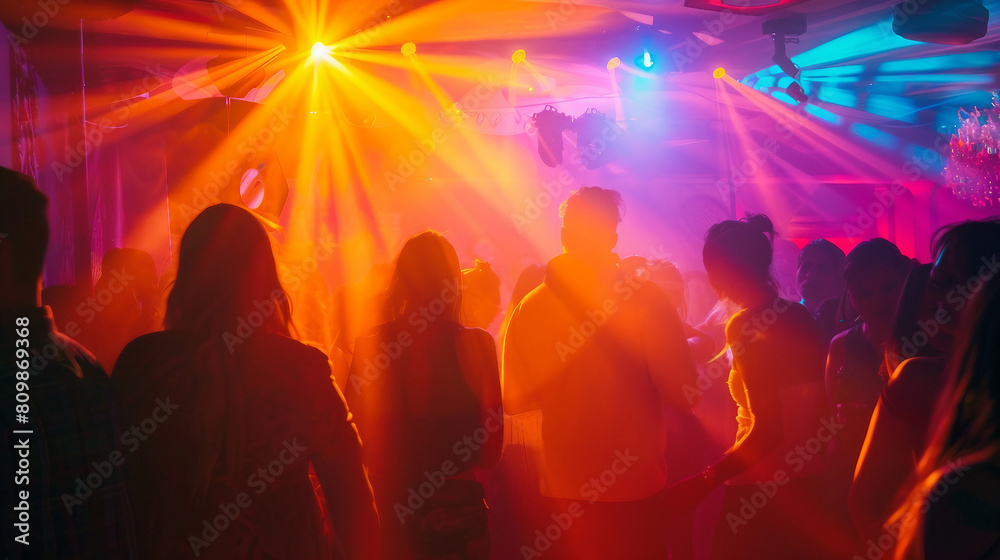 Vibrant Nightlife Celebration: Energetic Partygoers Dancing to Music in Urban Club Scene under Colorful Lights