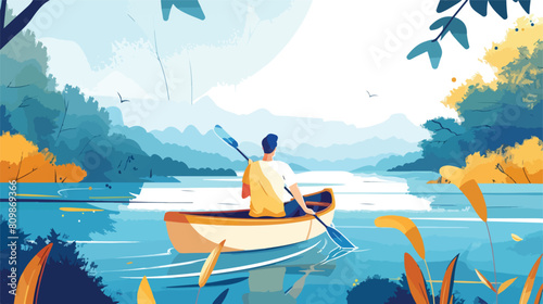 Man sailing on wood boat with paddle. Calm person rel photo