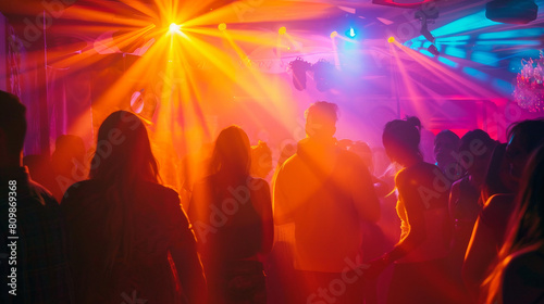 Vibrant Nightlife Celebration  Energetic Partygoers Dancing to Music in Urban Club Scene under Colorful Lights