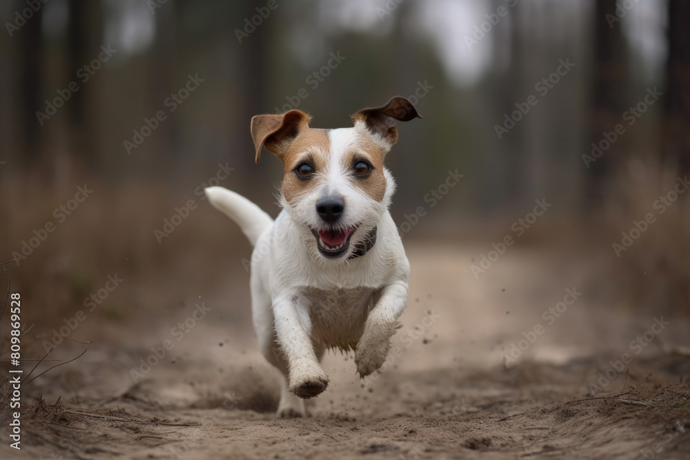 Obraz premium A brown and white dog energetically running through a dense forest surrounded by tall trees and fallen leaves