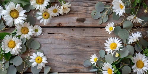 White daisies and eucalyptus branches create a circular border on a rustic wooden background, with ample copy space in the center for a thoughtful Mothers Day note © Suphakorn