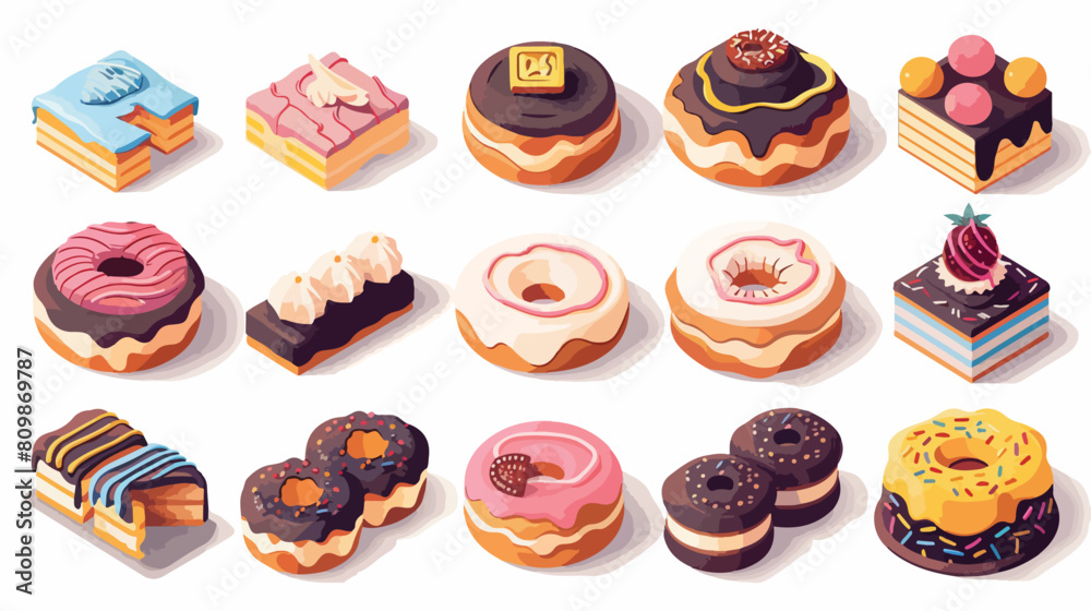 Set of colorful isometric bakery products icons donut