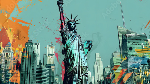 The iconic Statue of Liberty stands tall among splashes of vibrant colors against the New York City skyline in this modern artistic depiction photo