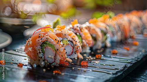 sushi rolls on cool background, delicious sushi rolls, close up of a shushi rolls